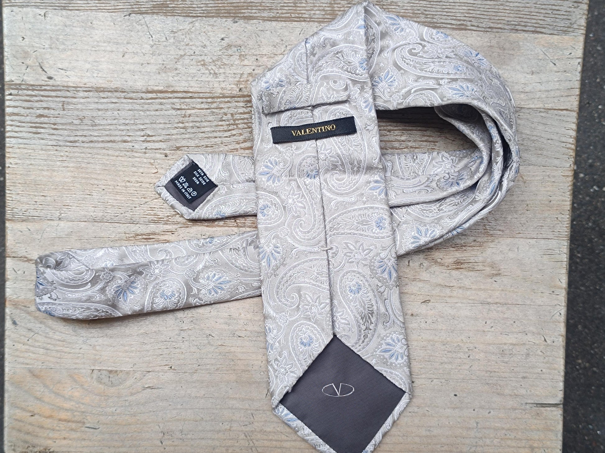 Vintage Valentino Tie | Silk Paisley Grey Blue | Designer Necktie Mens Formal Classic Gift