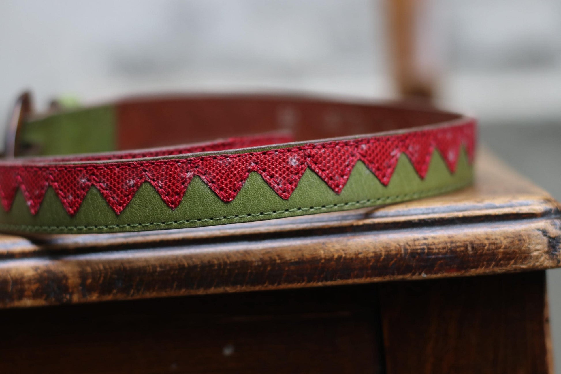 Vintage Red Green Chevron Leather Belt | Tortoiseshell Buckle | Bold Graphic Waist Belt | Unique Statement Accessory
