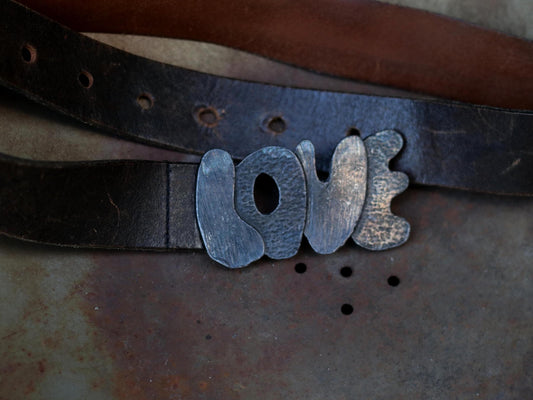 Vintage Love Belt Buckle, Distressed Leather Belt, Boho Hippie Accessory, Rustic Western Waist Belt, Unique Statement Piece