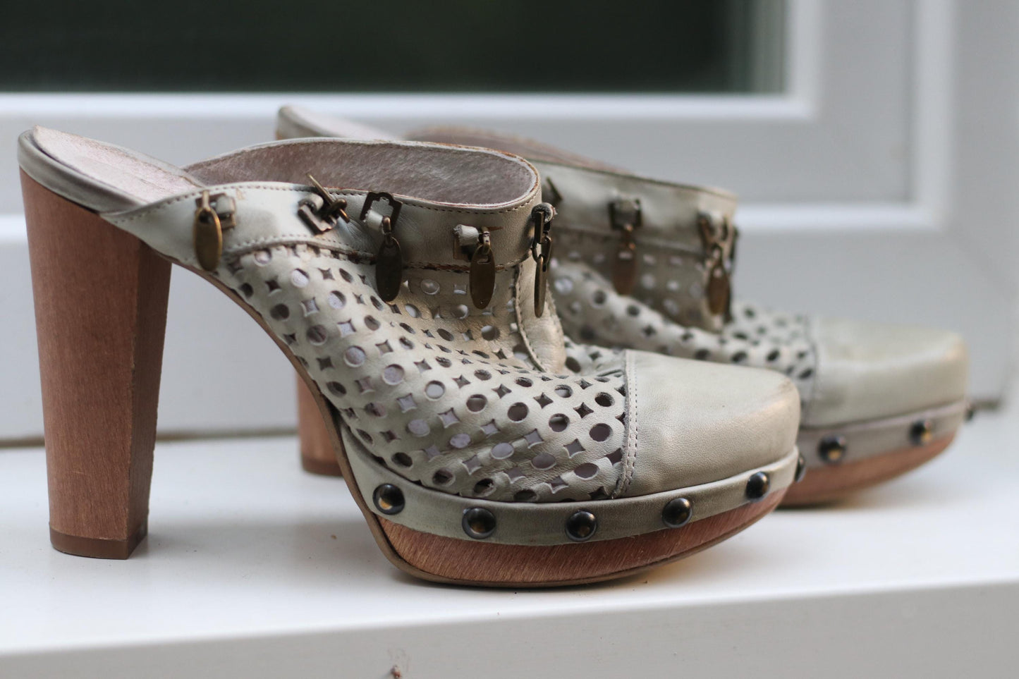 Vintage 70s Perforated Leather Mules: Wooden Heel Clogs with Studs