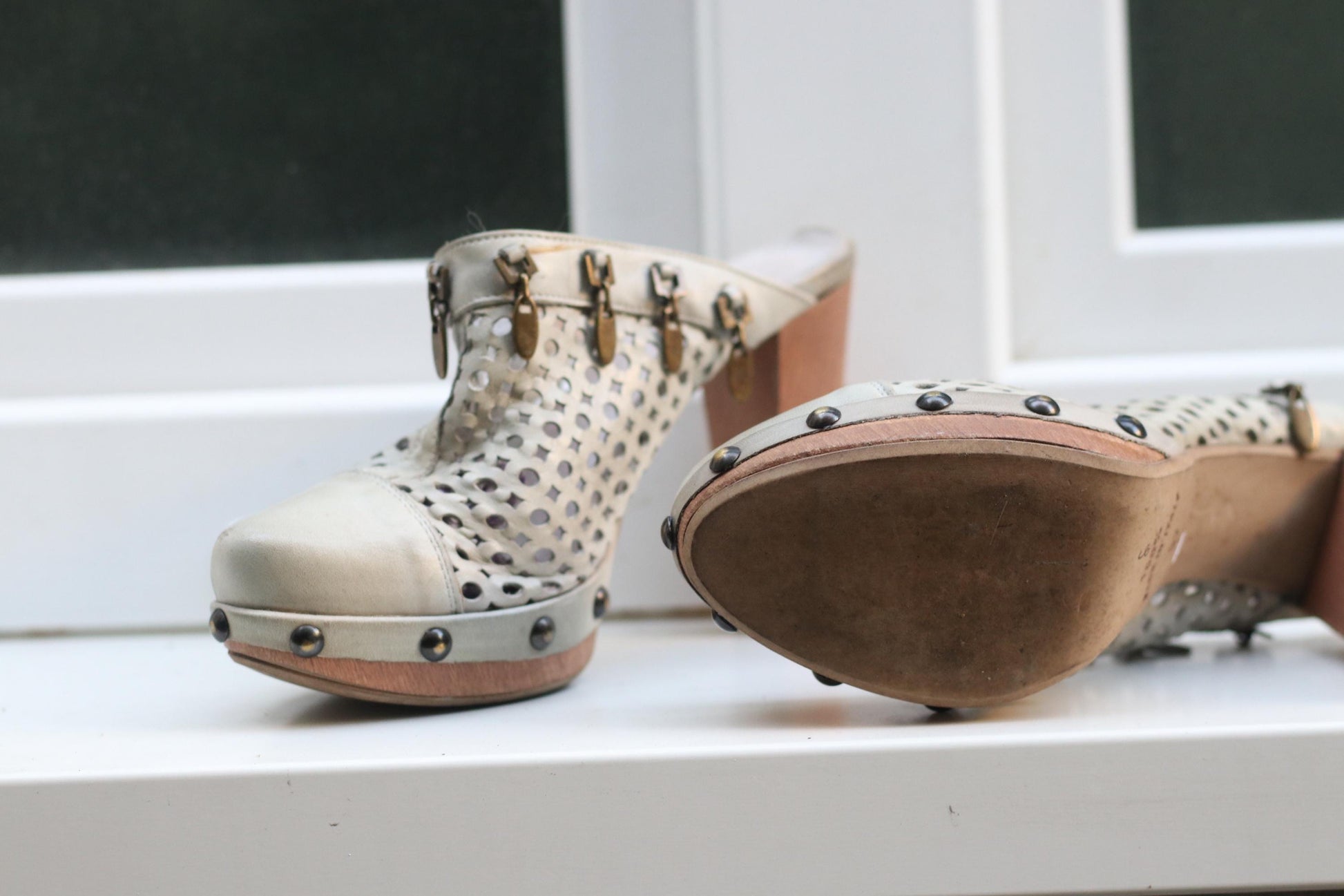 Vintage 70s Perforated Leather Mules: Wooden Heel Clogs with Studs