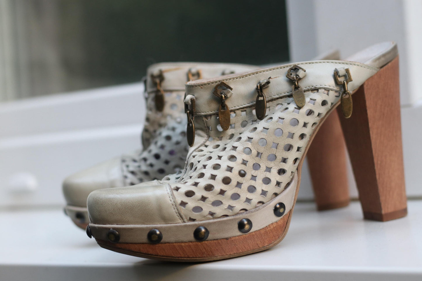 Vintage 70s Perforated Leather Mules: Wooden Heel Clogs with Studs
