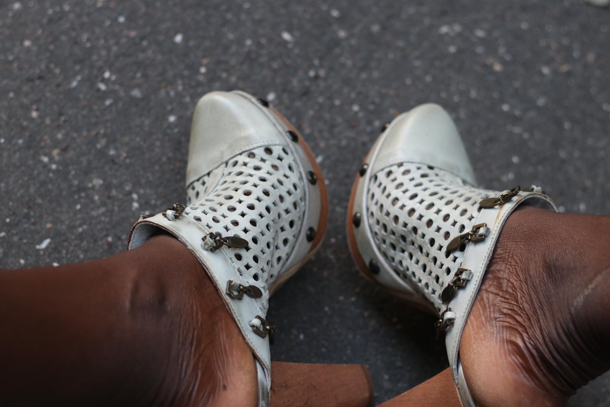 Vintage 70s Perforated Leather Mules: Wooden Heel Clogs with Studs