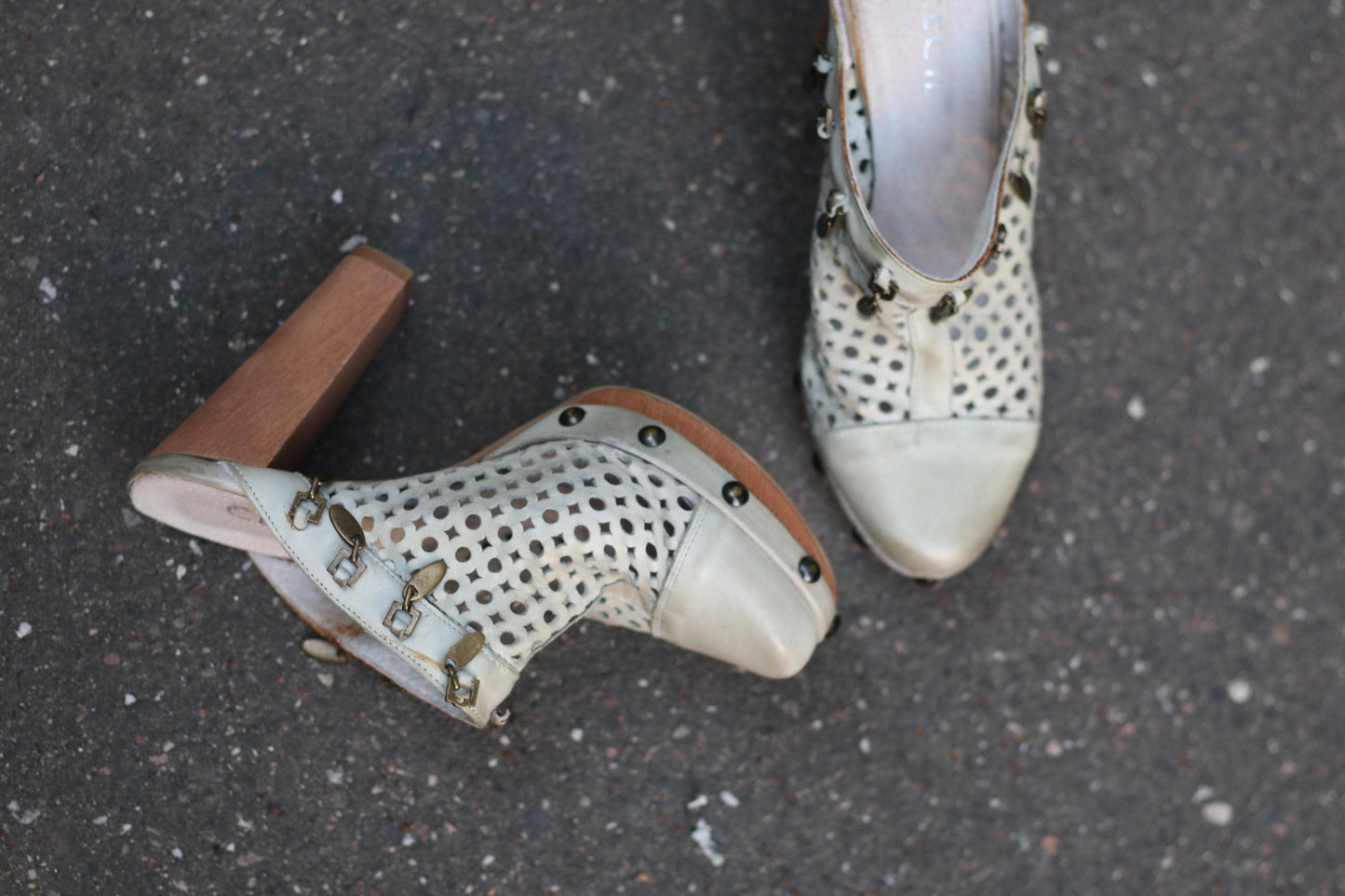 Vintage 70s Perforated Leather Mules: Wooden Heel Clogs with Studs