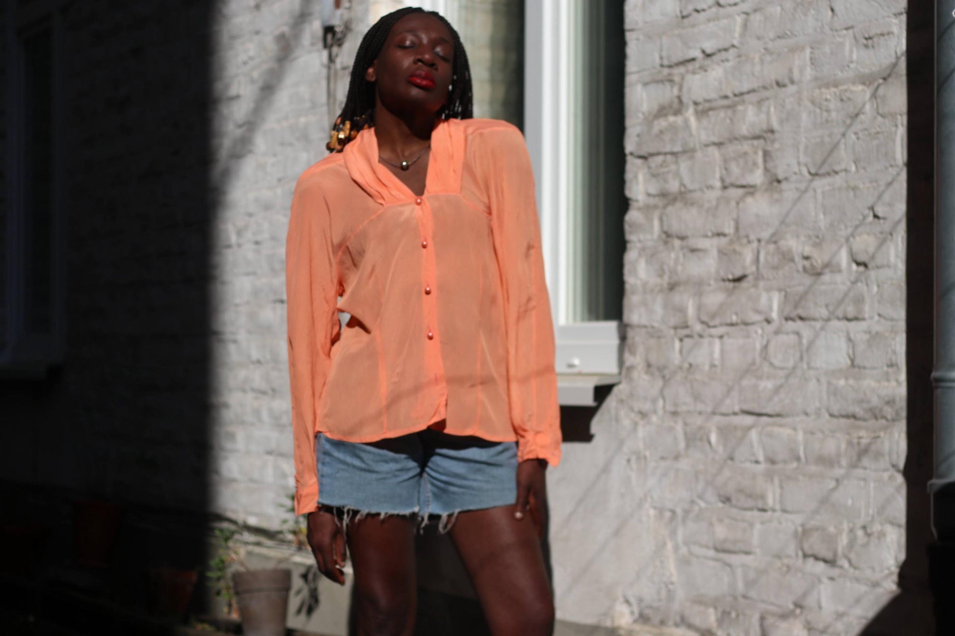 Vintage Peach Silk Blend Blouse: 80s Retro Button-Up Top