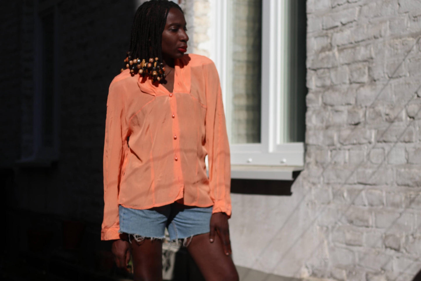 Vintage Peach Silk Blend Blouse: 80s Retro Button-Up Top