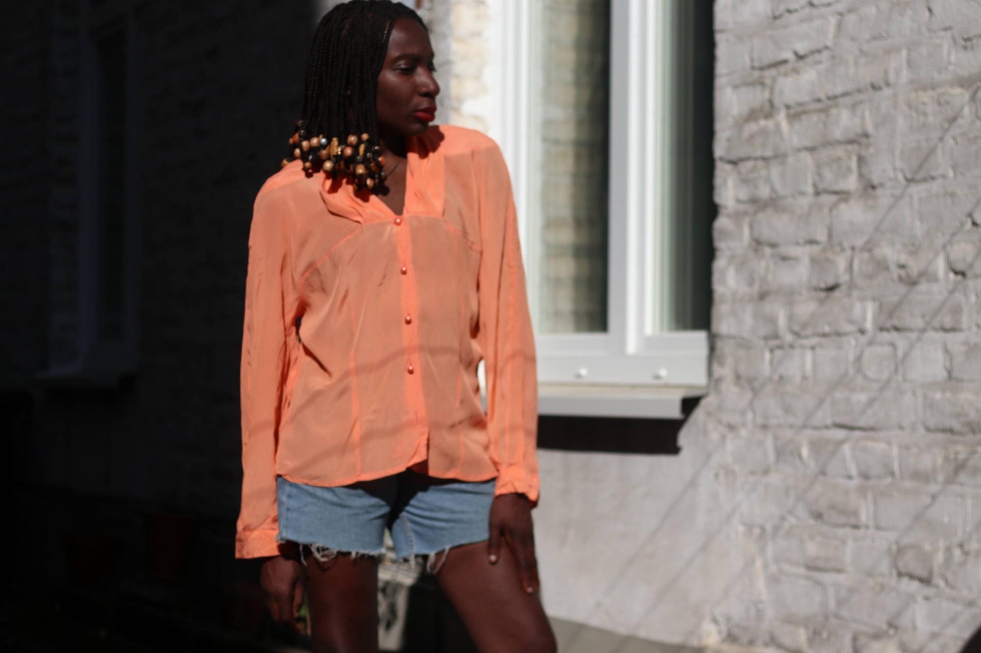 Vintage Peach Silk Blend Blouse: 80s Retro Button-Up Top