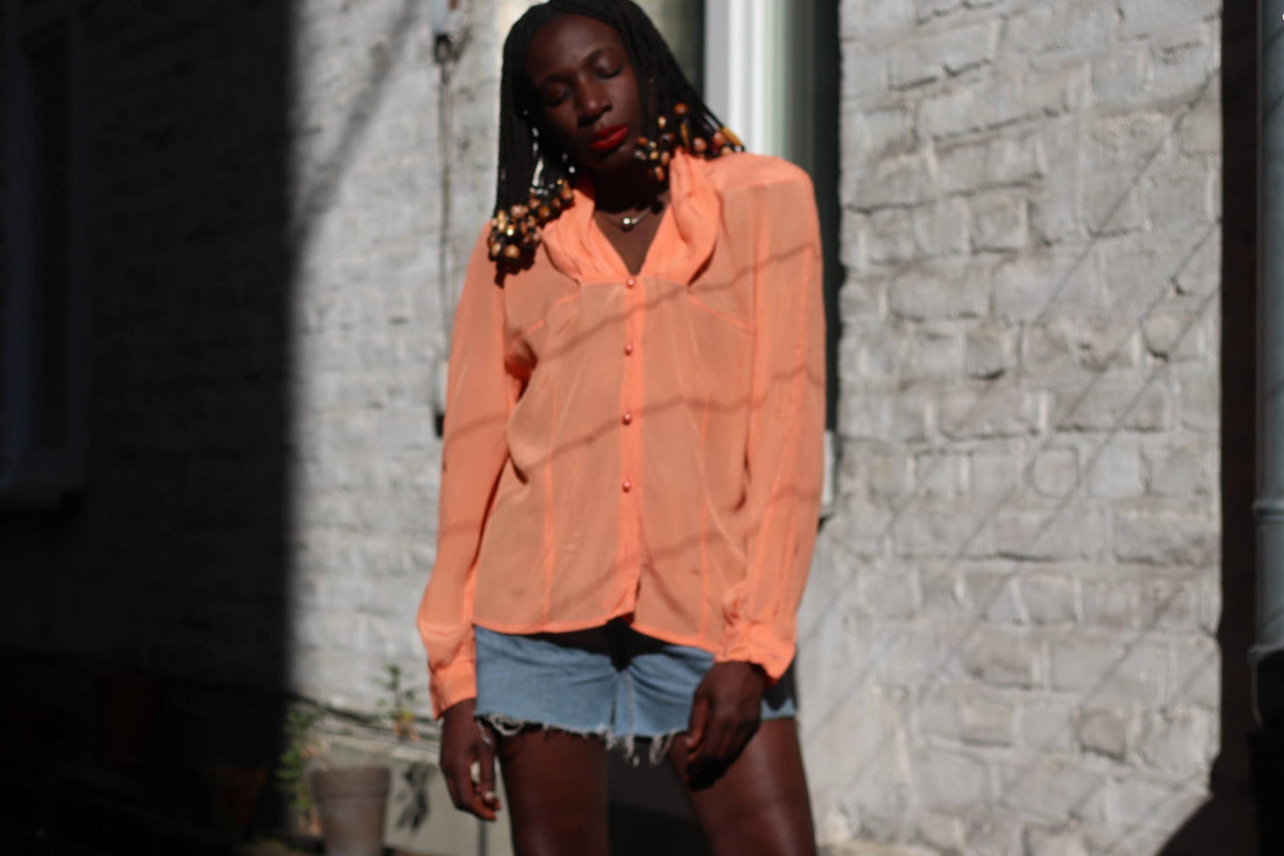 Vintage Peach Silk Blend Blouse: 80s Retro Button-Up Top