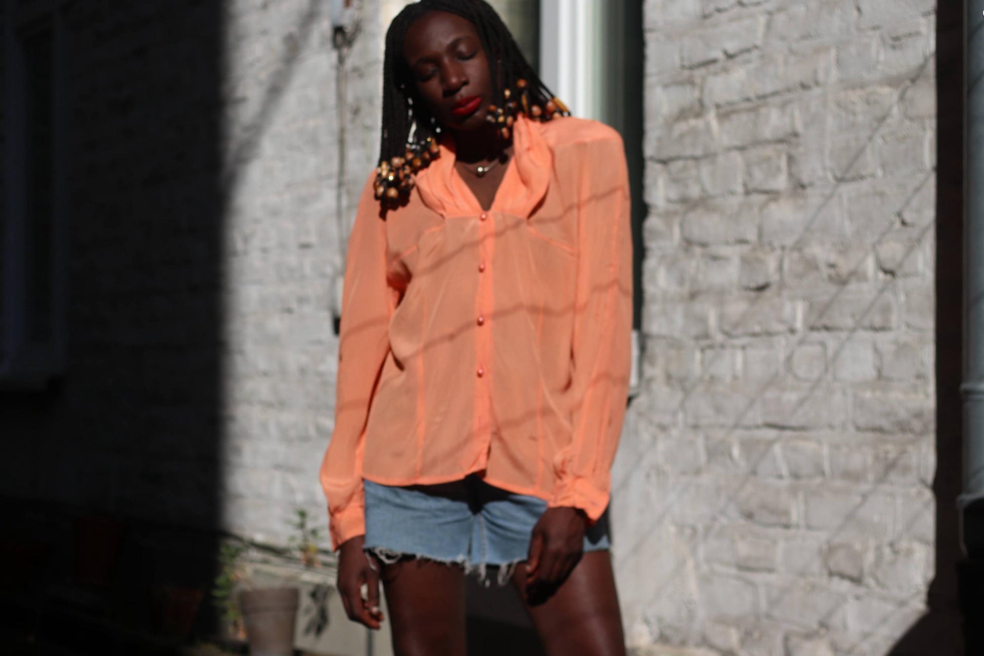 Vintage Peach Silk Blend Blouse: 80s Retro Button-Up Top