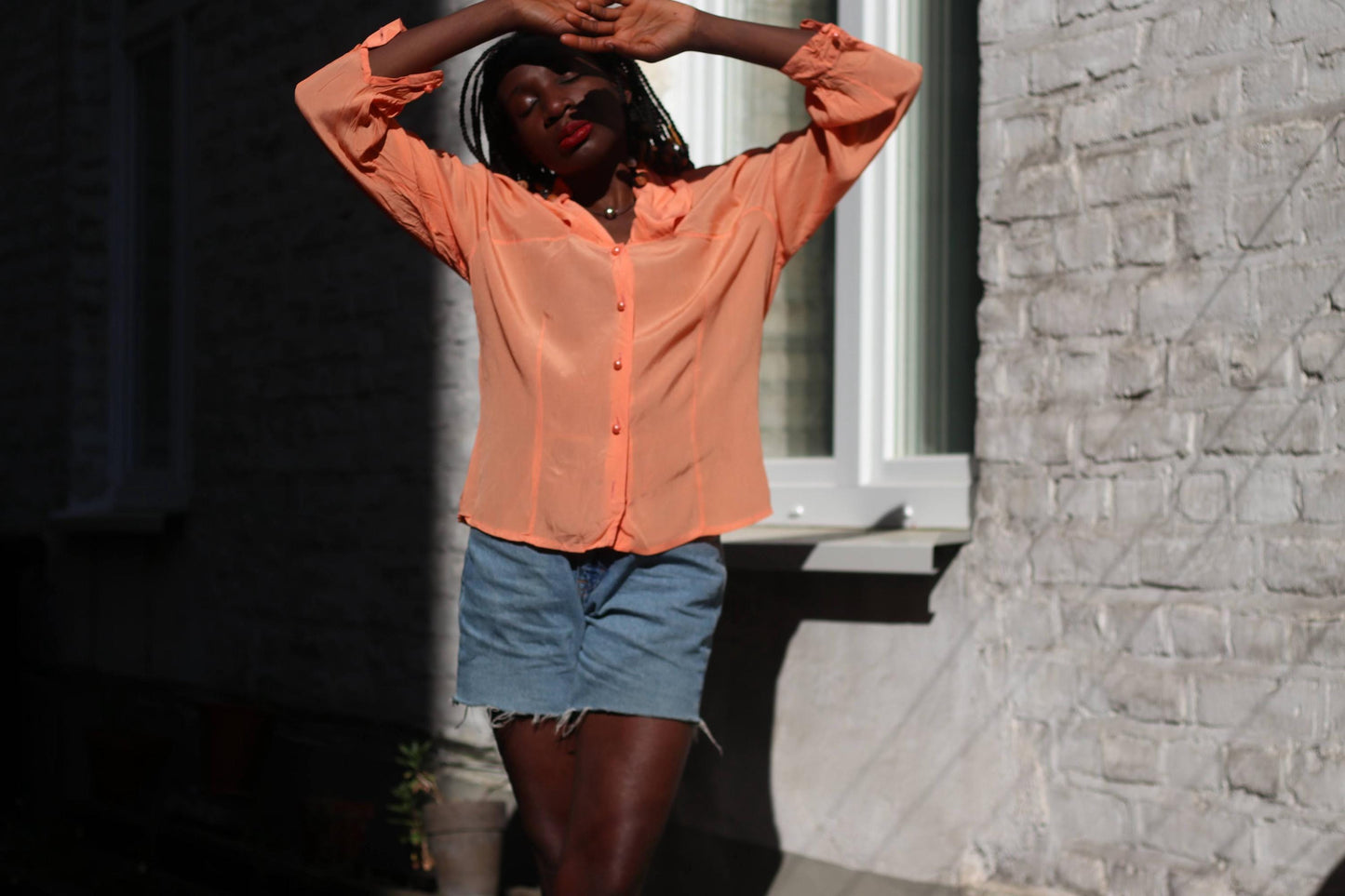 Vintage Peach Silk Blend Blouse: 80s Retro Button-Up Top