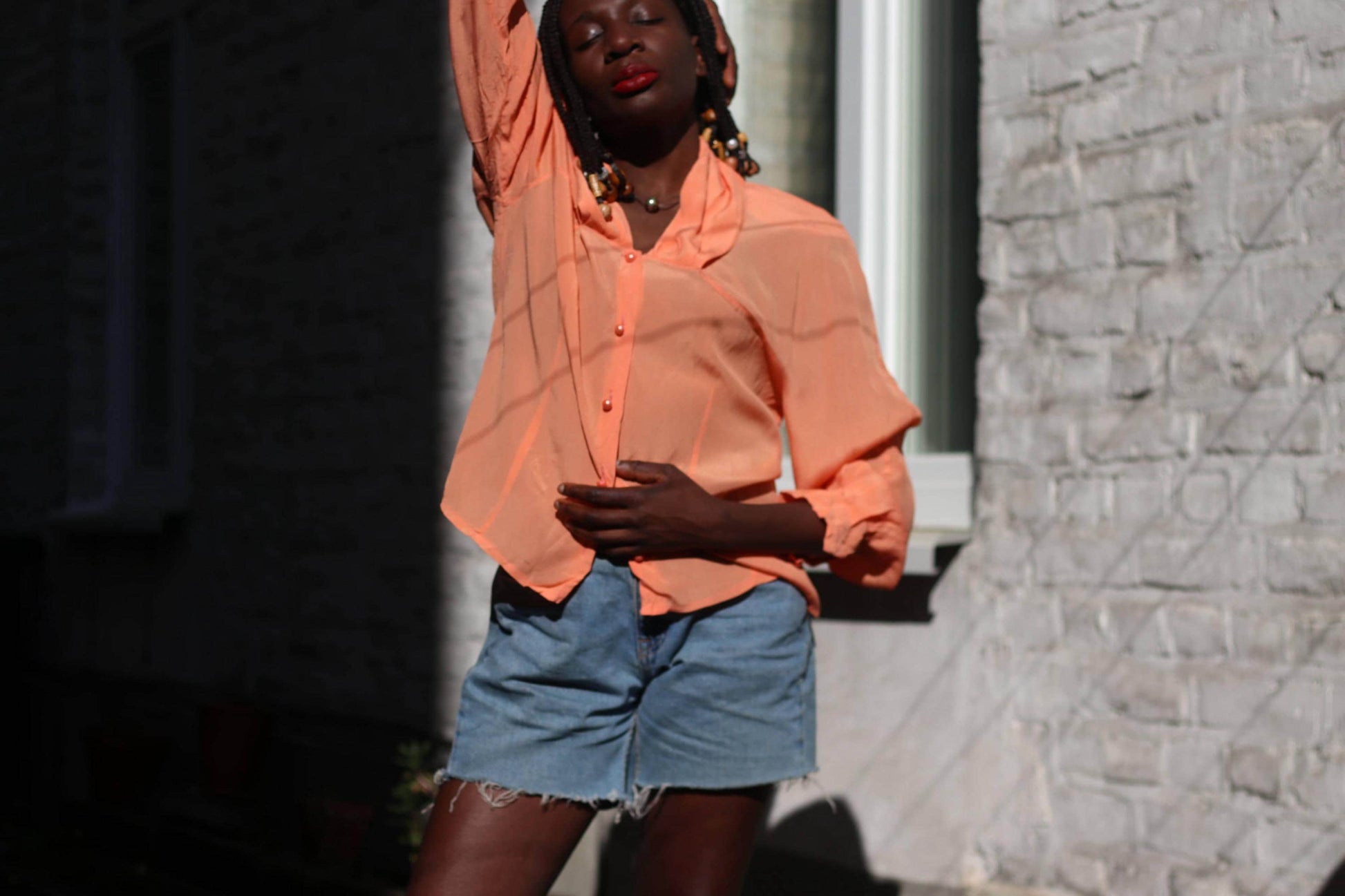 Vintage Peach Silk Blend Blouse: 80s Retro Button-Up Top