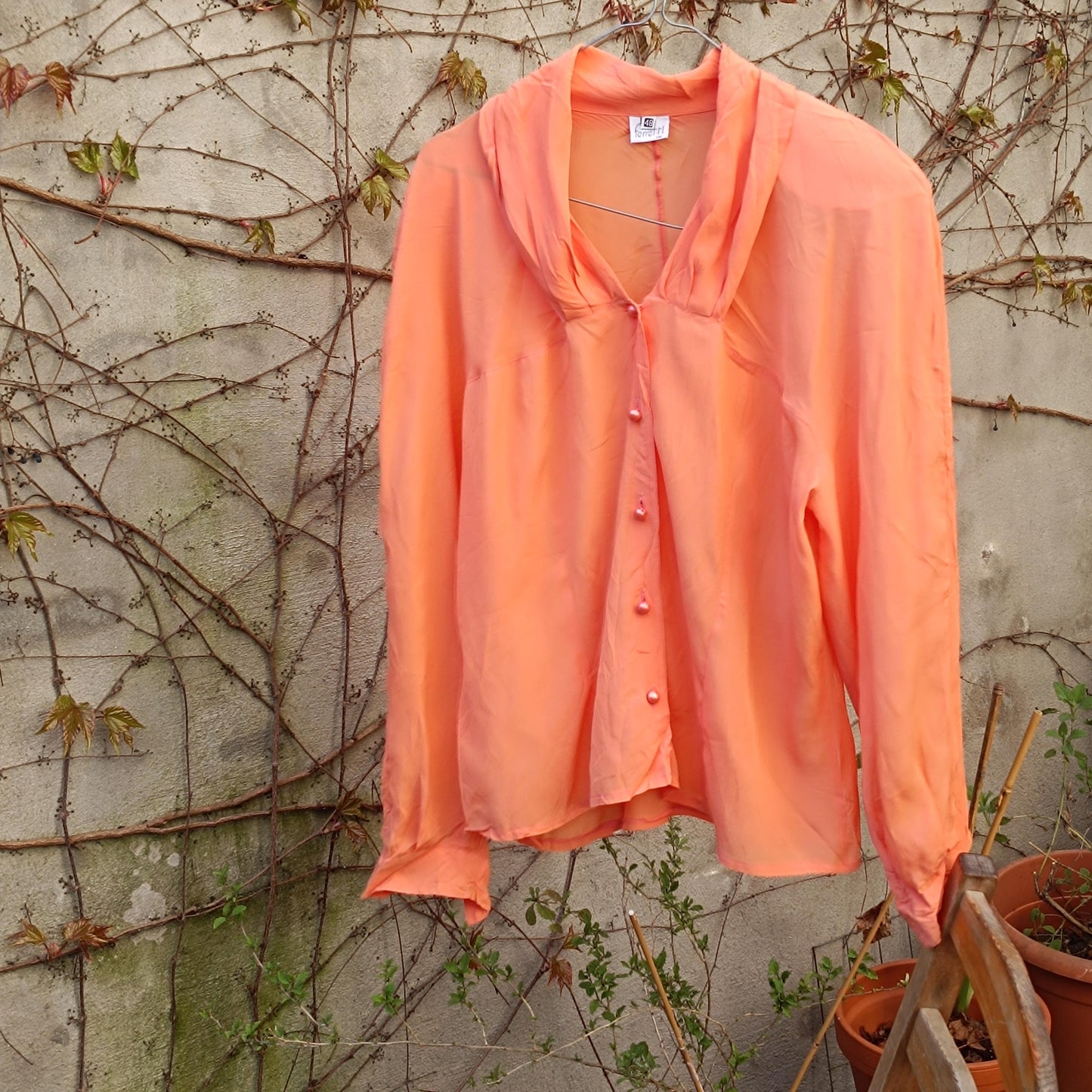 Vintage Peach Silk Blend Blouse: 80s Retro Button-Up Top