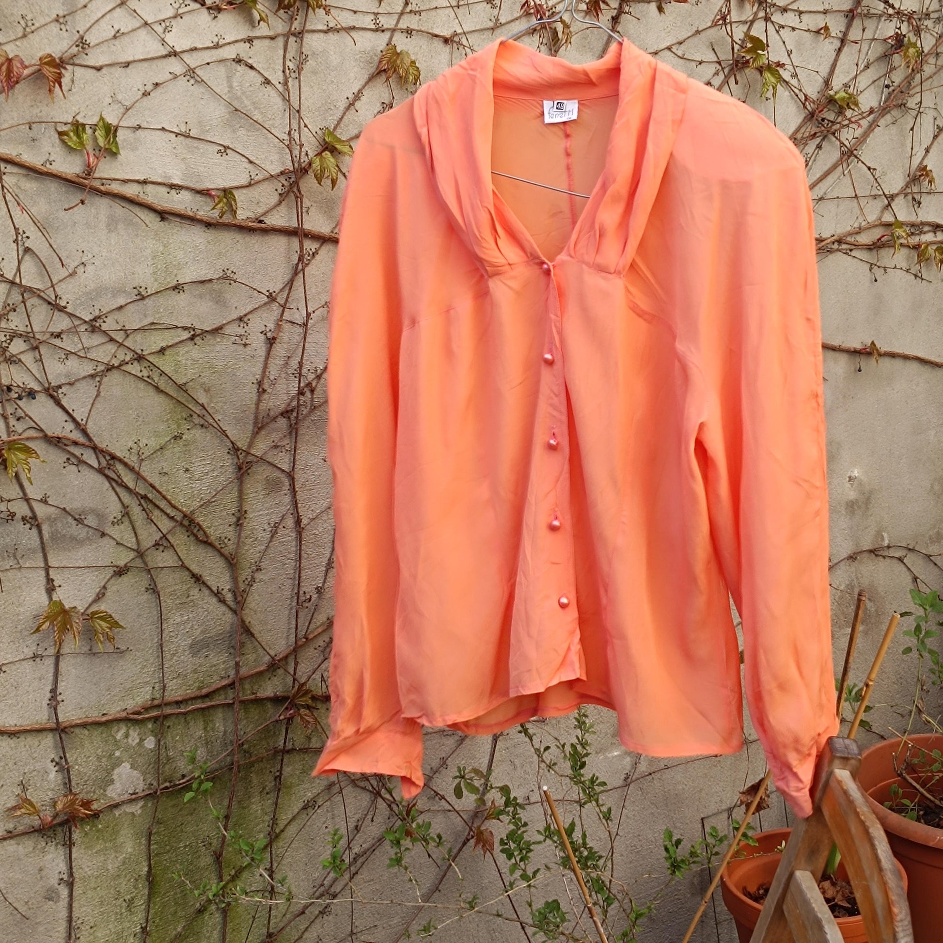 Vintage Peach Silk Blend Blouse: 80s Retro Button-Up Top