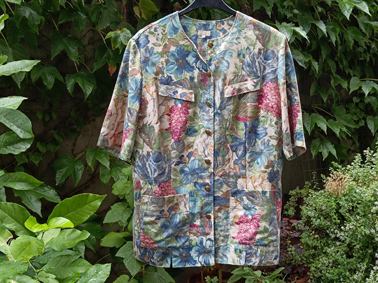 Vintage Floral Cotton-Linen Blazer: Oversized 90s Botanical Jacket