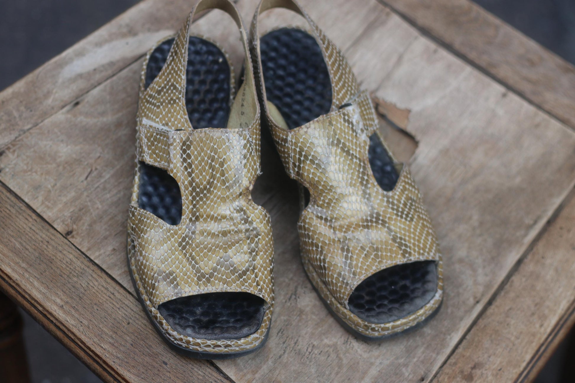Vintage Leather Sandals: Faux Snakeskin, Velcro Strap - Boho Summer