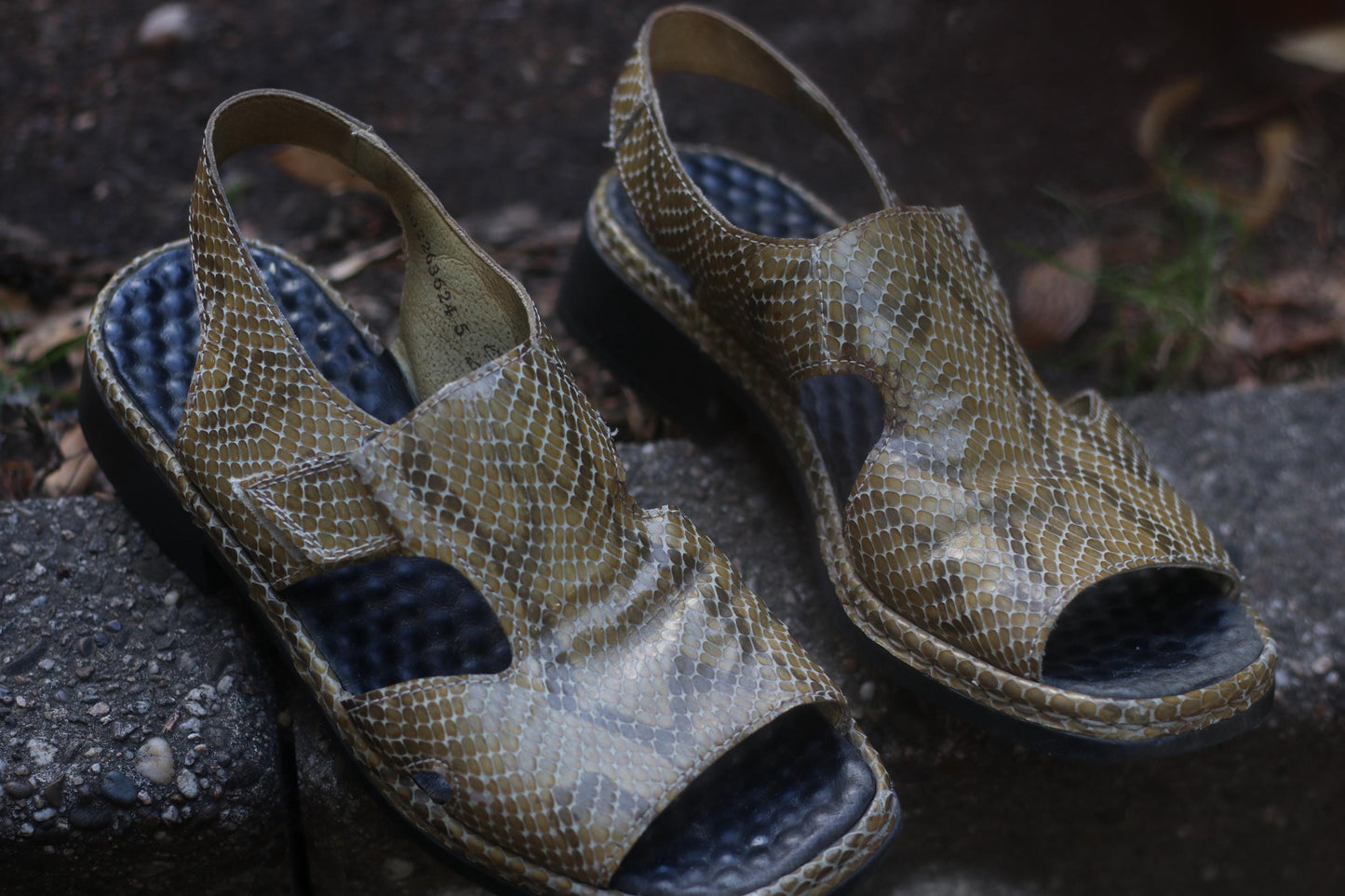 Vintage Leather Sandals: Faux Snakeskin, Velcro Strap - Boho Summer
