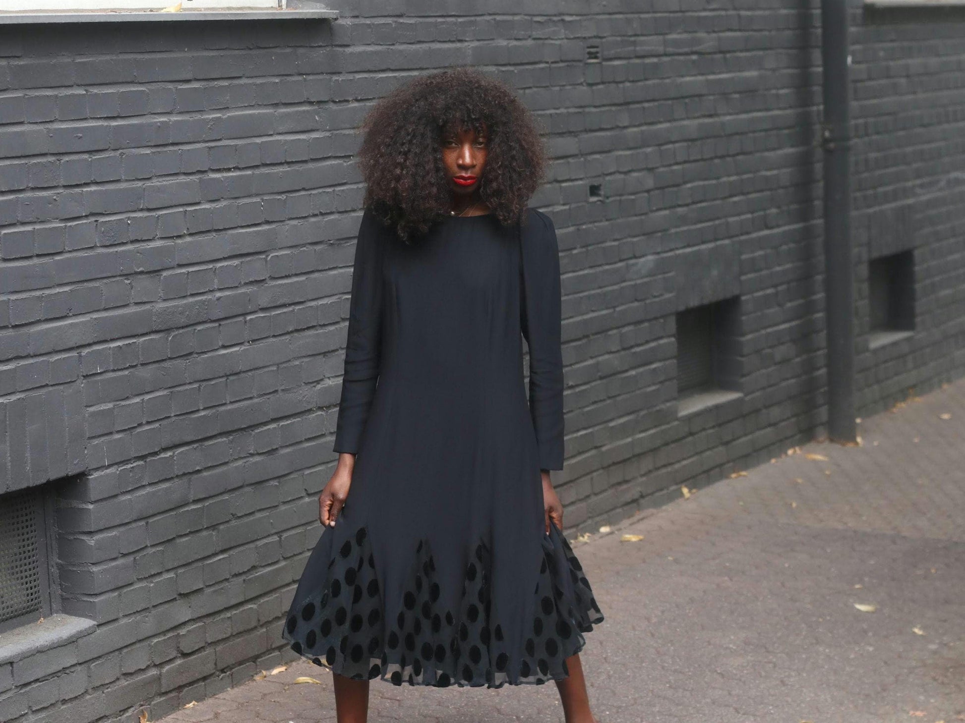Vintage Black Swing Dress | Polka Dot Mesh Hem | 80s Long Sleeve Midi Dress | Fit & Flare Party Dress | Size S | Classic Elegant Style