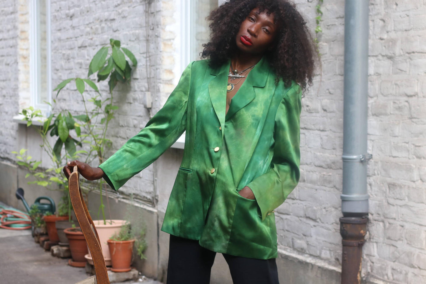 Vintage Green Silk Blazer Women’s Size M – 100% Silk Double Breasted Jacket – Emerald Tie Dye Blazer – Bold Power Suit 90s Statement