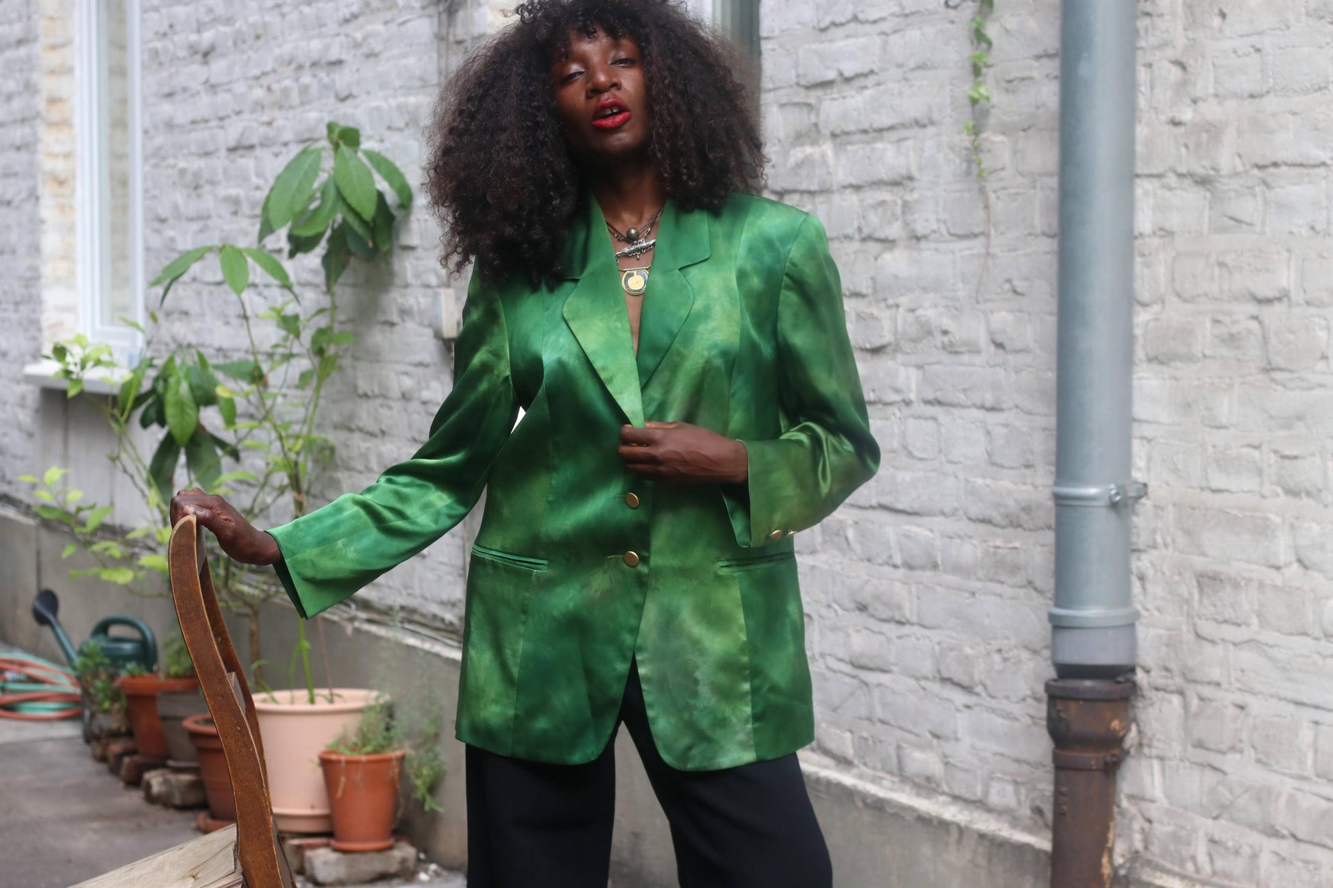 Vintage Green Silk Blazer Women’s Size M – 100% Silk Double Breasted Jacket – Emerald Tie Dye Blazer – Bold Power Suit 90s Statement