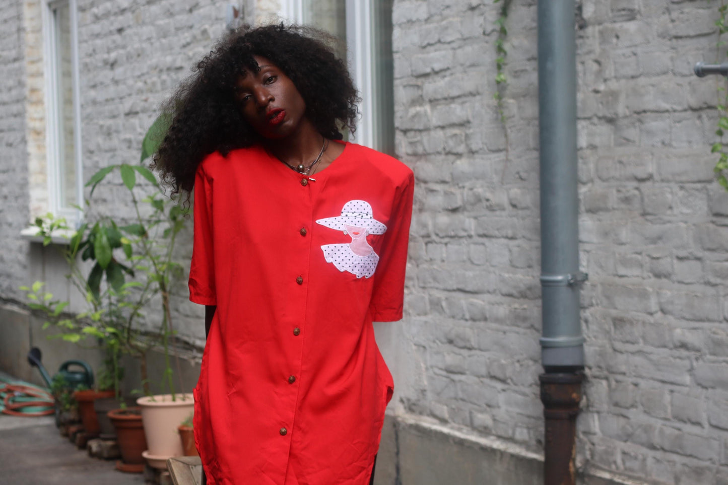 Vintage Red Blazer: Whimsical Lady Print Oversized Shirt Jacket