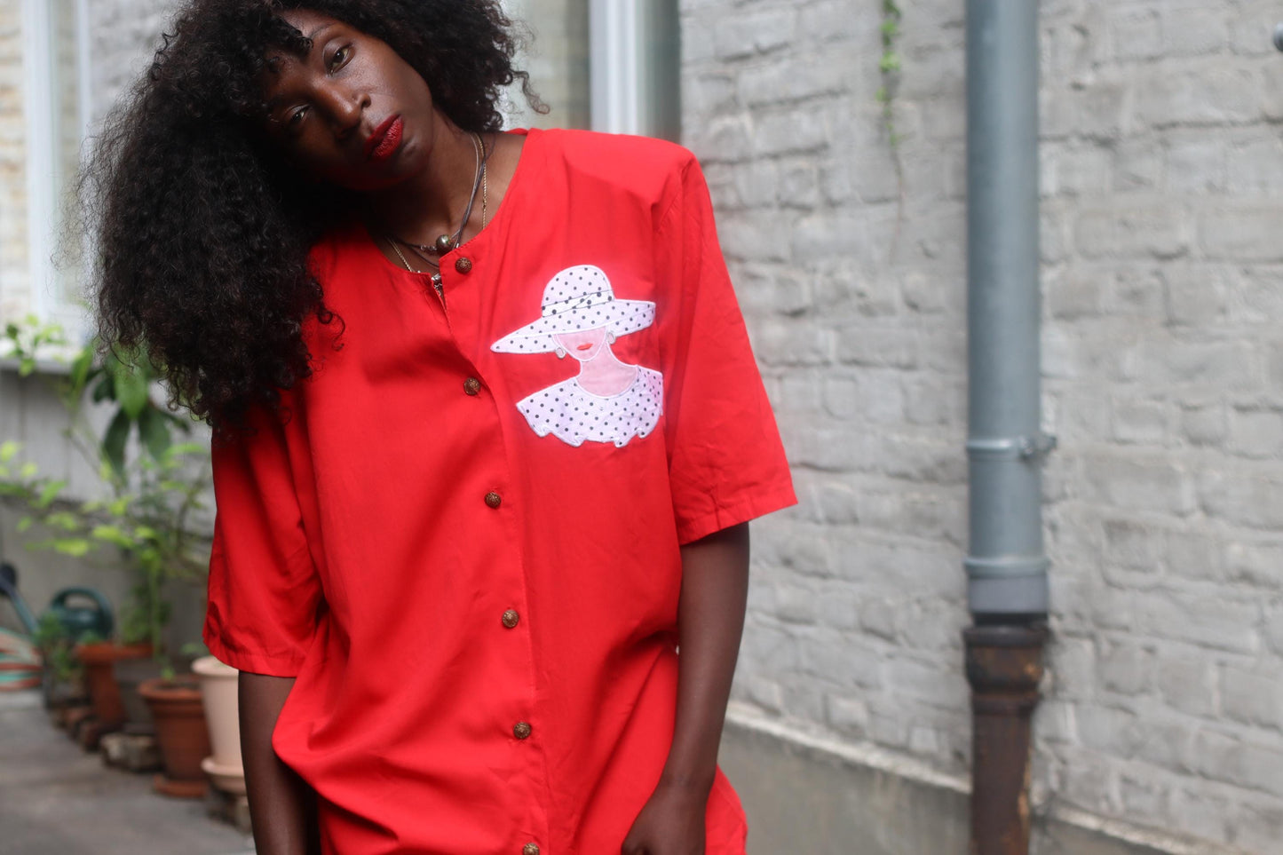 Vintage Red Blazer: Whimsical Lady Print Oversized Shirt Jacket