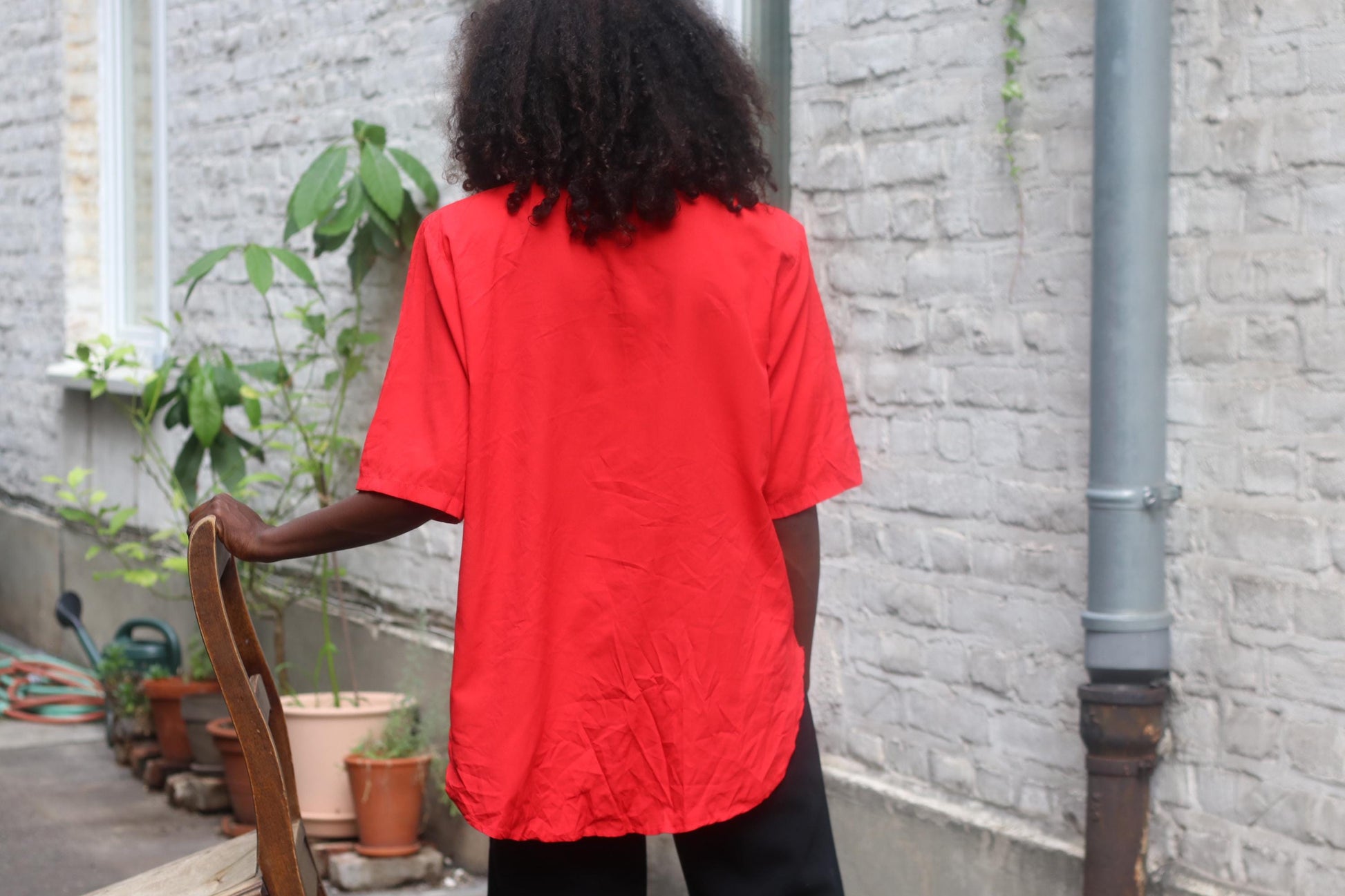 Vintage Red Blazer: Whimsical Lady Print Oversized Shirt Jacket