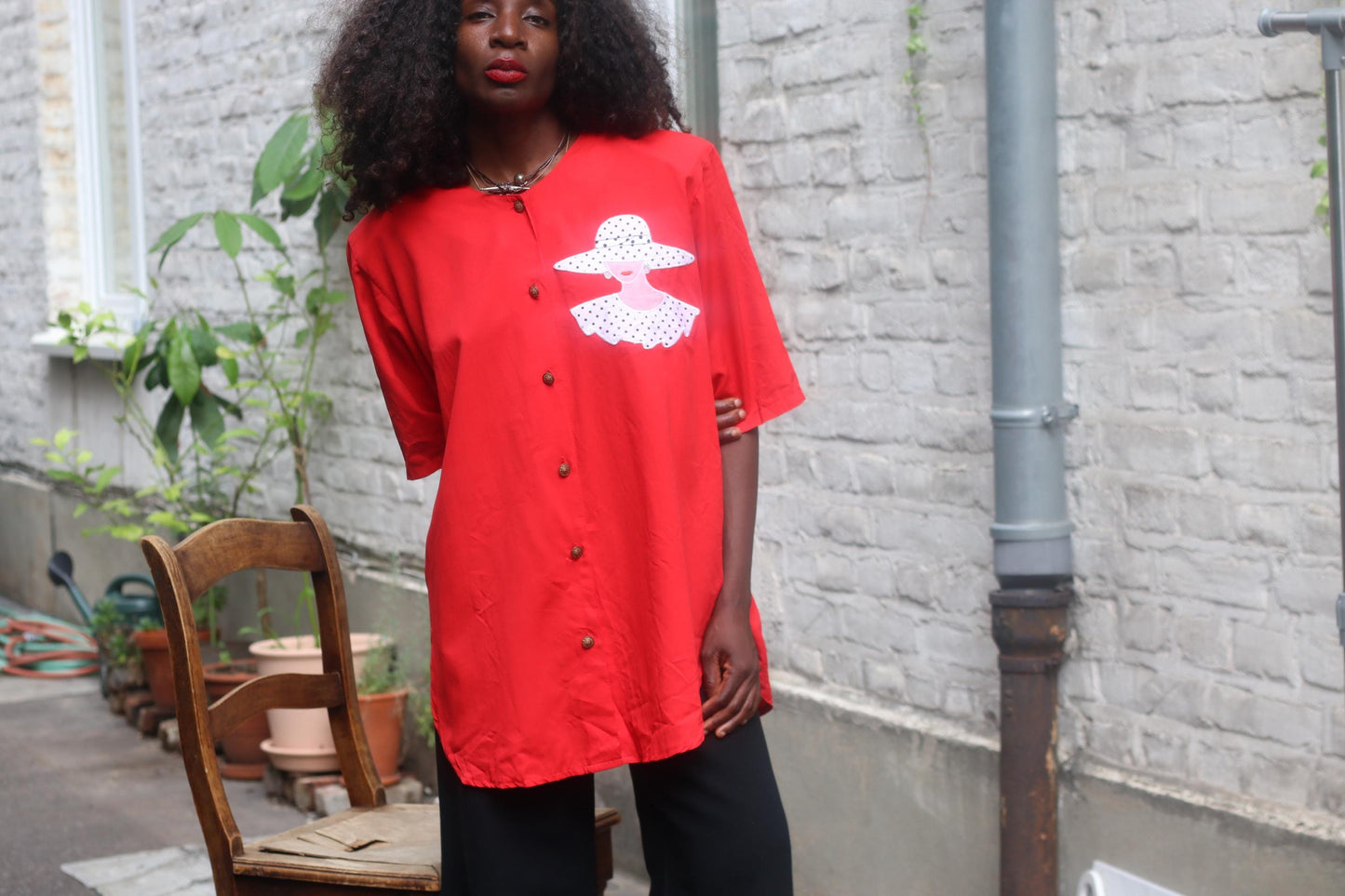Vintage Red Blazer: Whimsical Lady Print Oversized Shirt Jacket