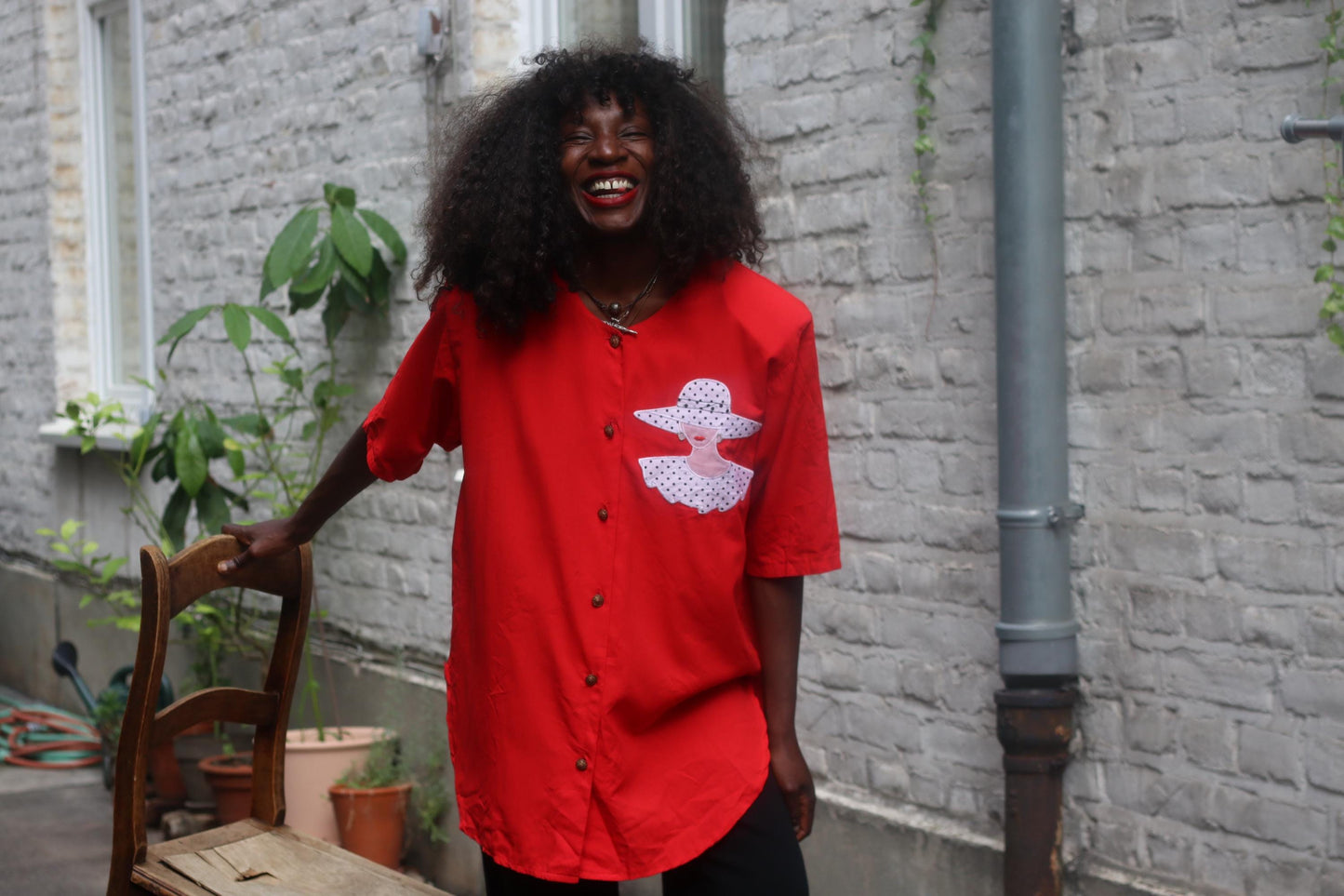 Vintage Red Blazer: Whimsical Lady Print Oversized Shirt Jacket