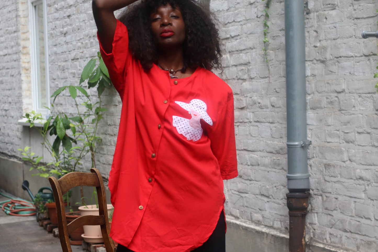 Vintage Red Blazer: Whimsical Lady Print Oversized Shirt Jacket