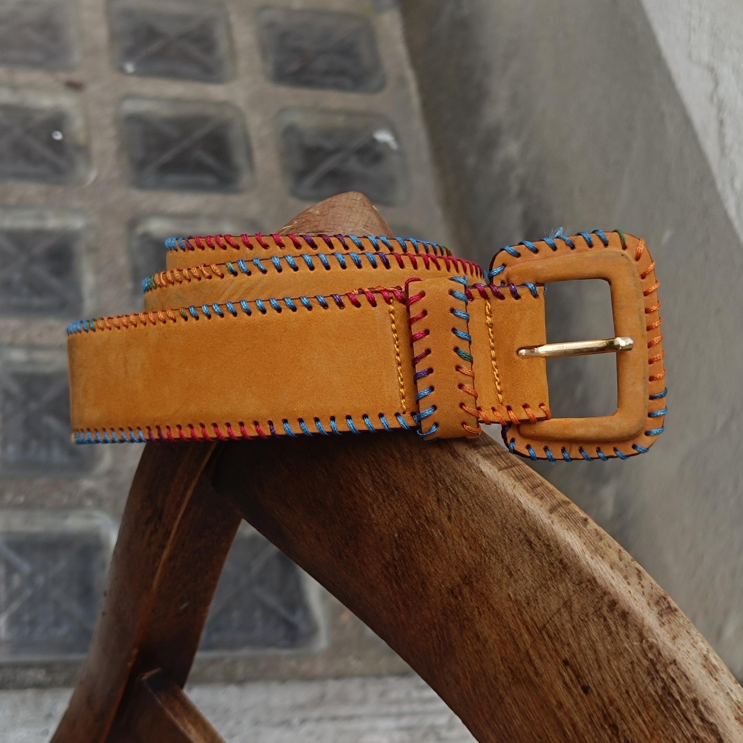 Vintage Mustard Yellow Suede Belt Colorful Whipstitch Embroidery Boho Leather Waist Belt