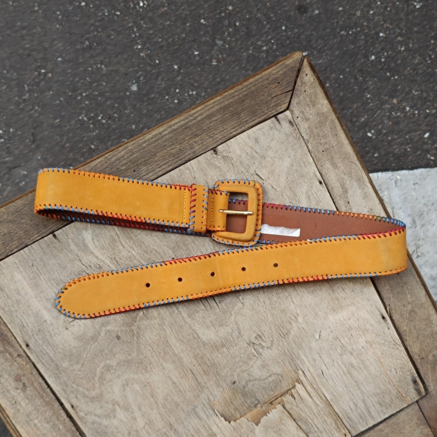 Vintage Mustard Yellow Suede Belt Colorful Whipstitch Embroidery Boho Leather Waist Belt