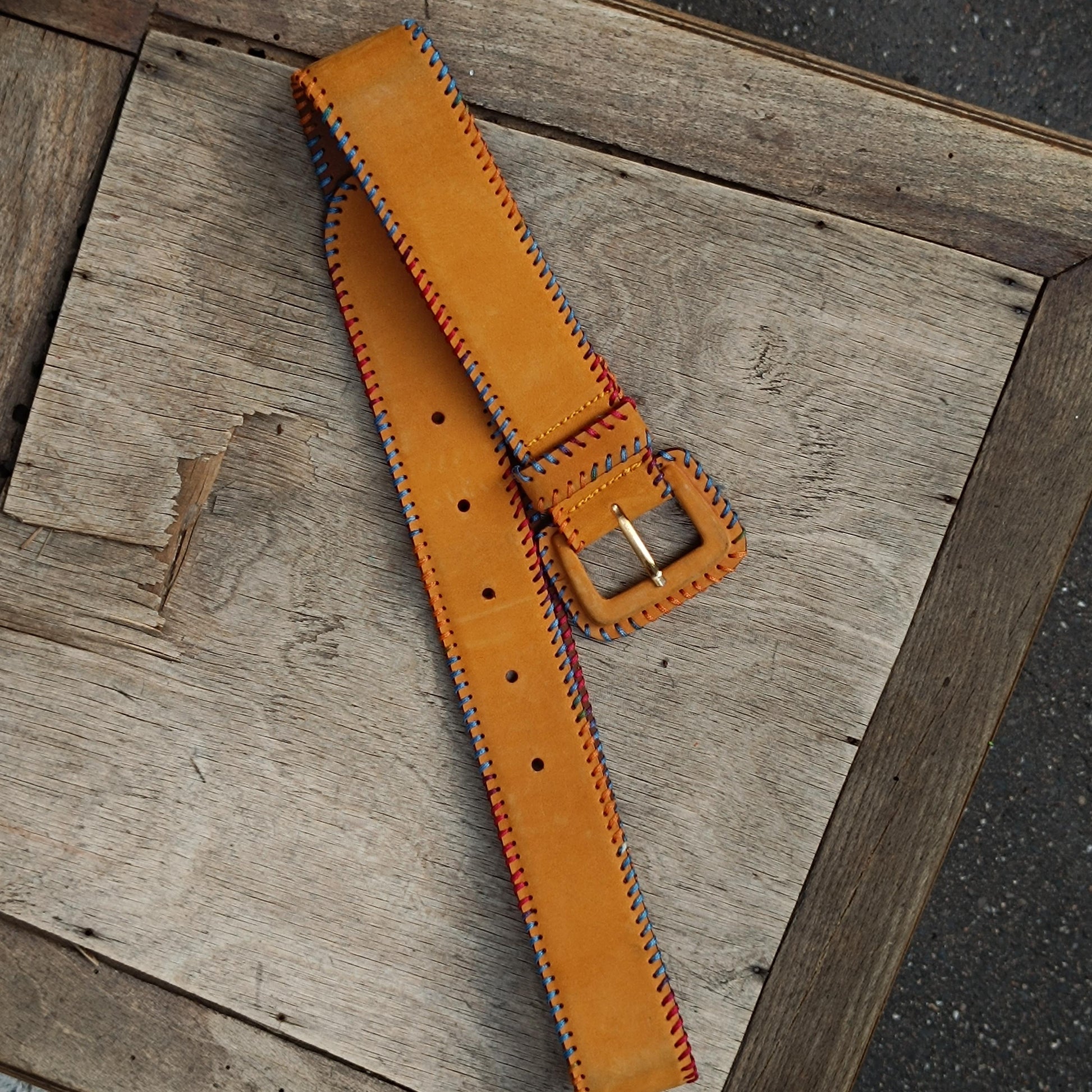 Vintage Mustard Yellow Suede Belt Colorful Whipstitch Embroidery Boho Leather Waist Belt