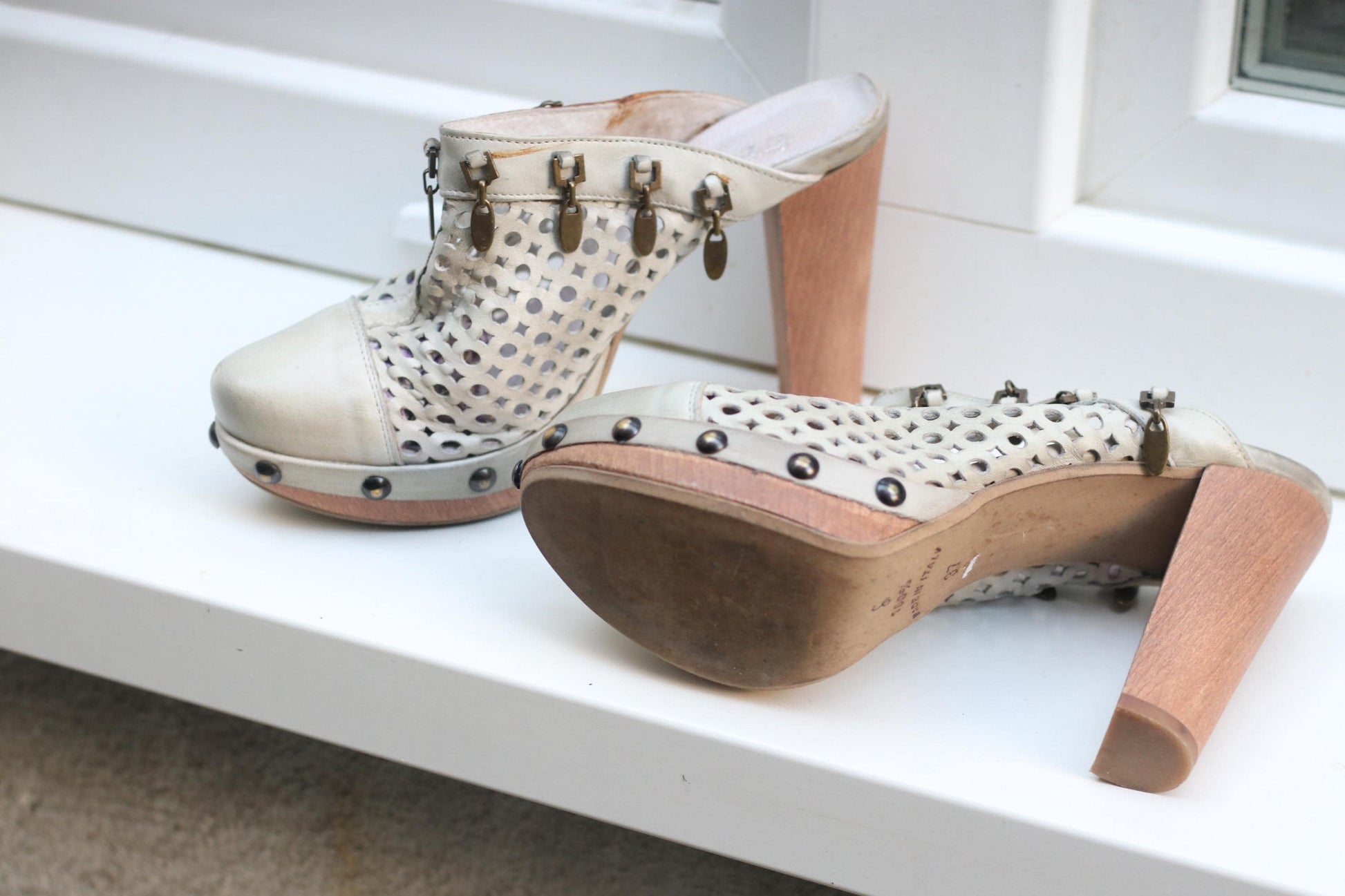 Vintage 70s Perforated Leather Mules: Wooden Heel Clogs with Studs