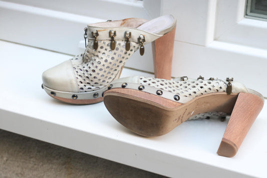 Vintage 70s Perforated Leather Mules: Wooden Heel Clogs with Studs