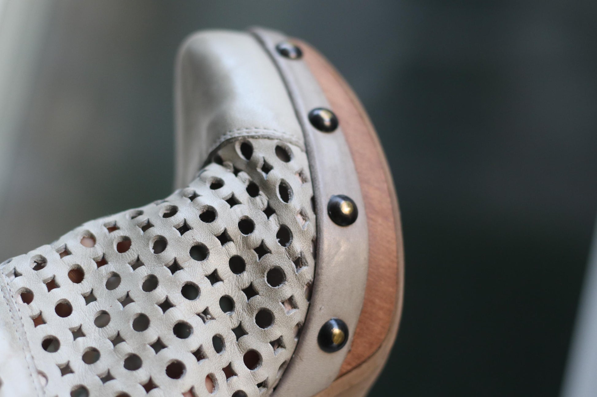 Vintage 70s Perforated Leather Mules: Wooden Heel Clogs with Studs