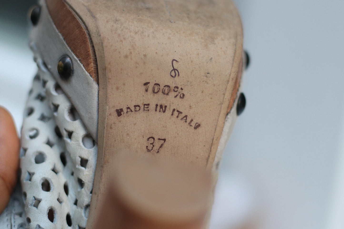 Vintage 70s Perforated Leather Mules: Wooden Heel Clogs with Studs