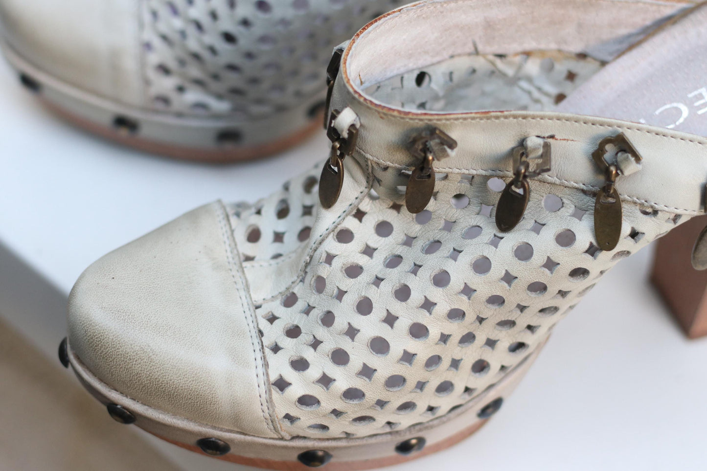 Vintage 70s Perforated Leather Mules: Wooden Heel Clogs with Studs