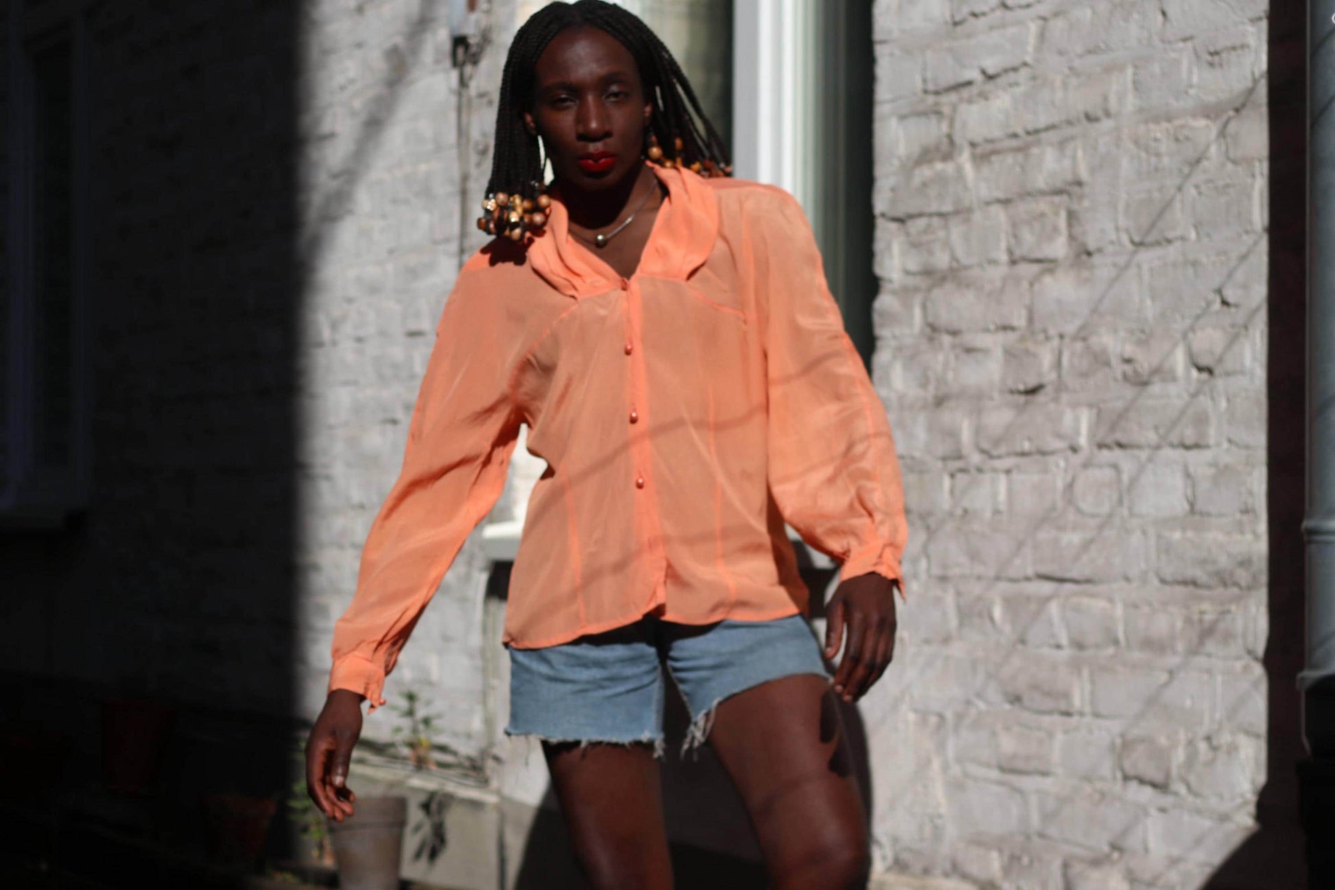 Vintage Peach Silk Blend Blouse: 80s Retro Button-Up Top