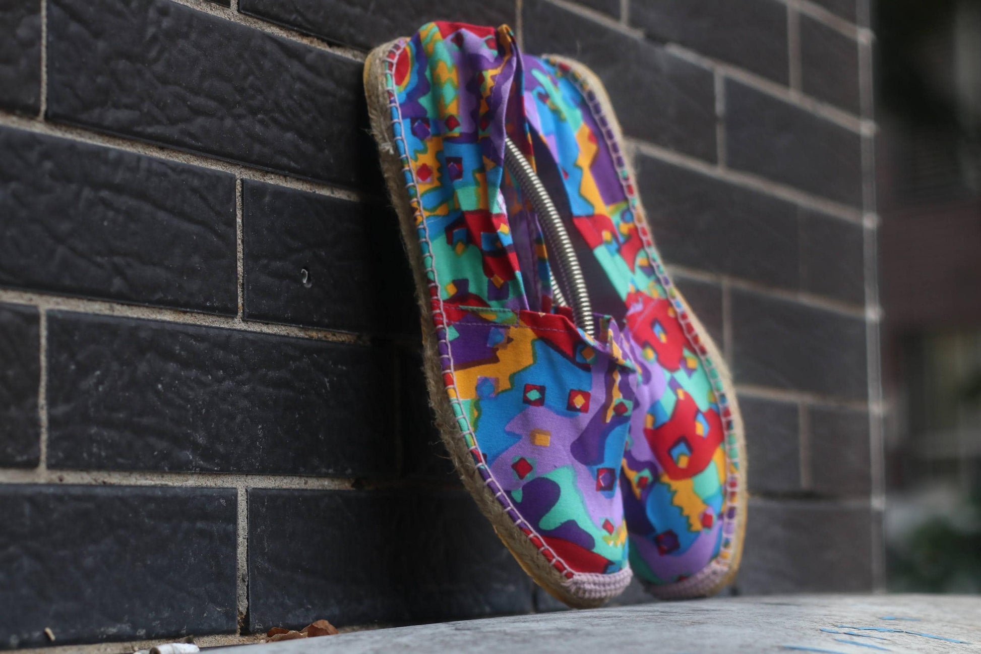 Vintage Espadrille Sandals| Women’s Colorful Geometric Print Flats | Retro Boho Slip On Canvas Shoes Size EU41| Art Print Summer Shoes