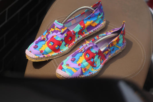 Vintage Espadrille Sandals| Women’s Colorful Geometric Print Flats | Retro Boho Slip On Canvas Shoes Size EU41| Art Print Summer Shoes