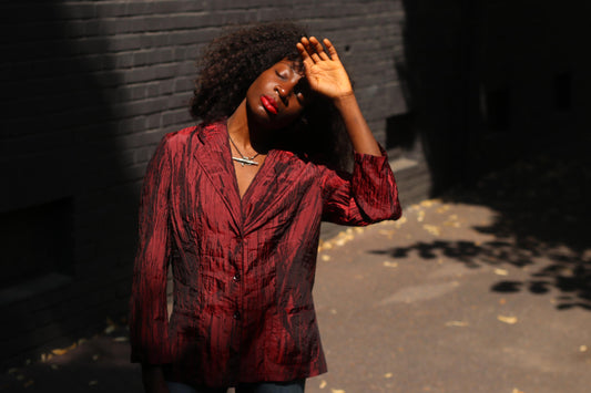 Vintage Ruby Red Blazer Shirt: 90s Crinkled Jacket Top