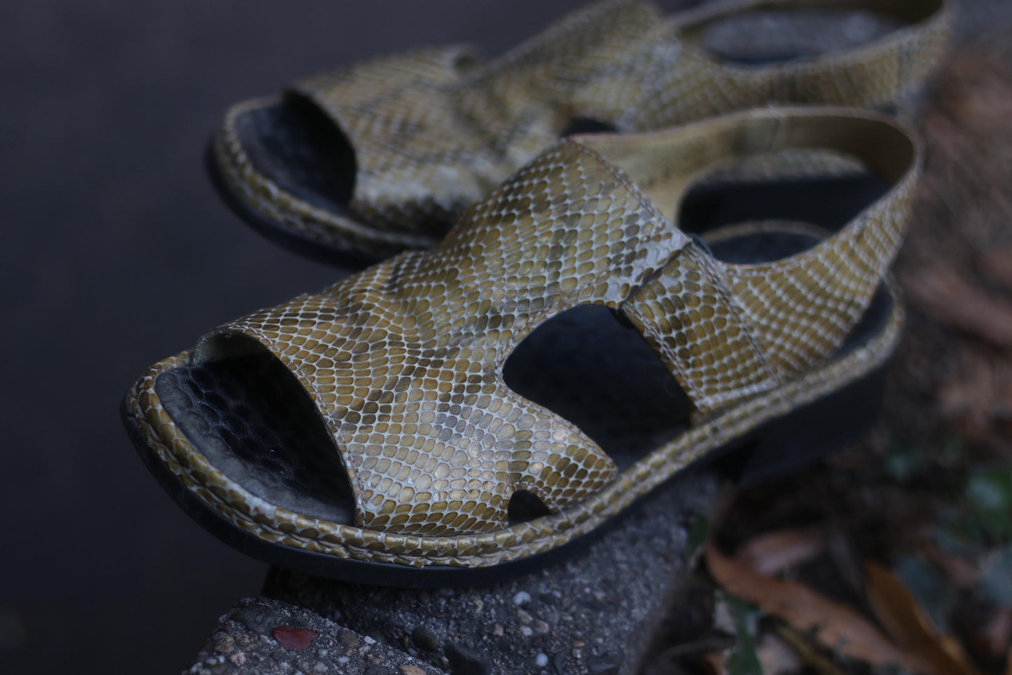 Vintage Leather Sandals: Faux Snakeskin, Velcro Strap - Boho Summer