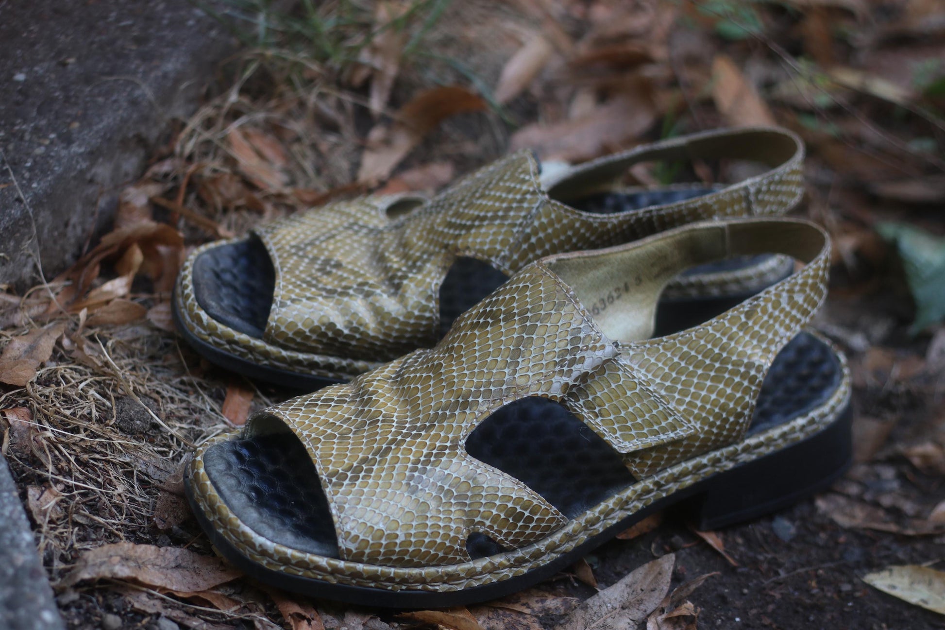 Vintage Leather Sandals: Faux Snakeskin, Velcro Strap - Boho Summer