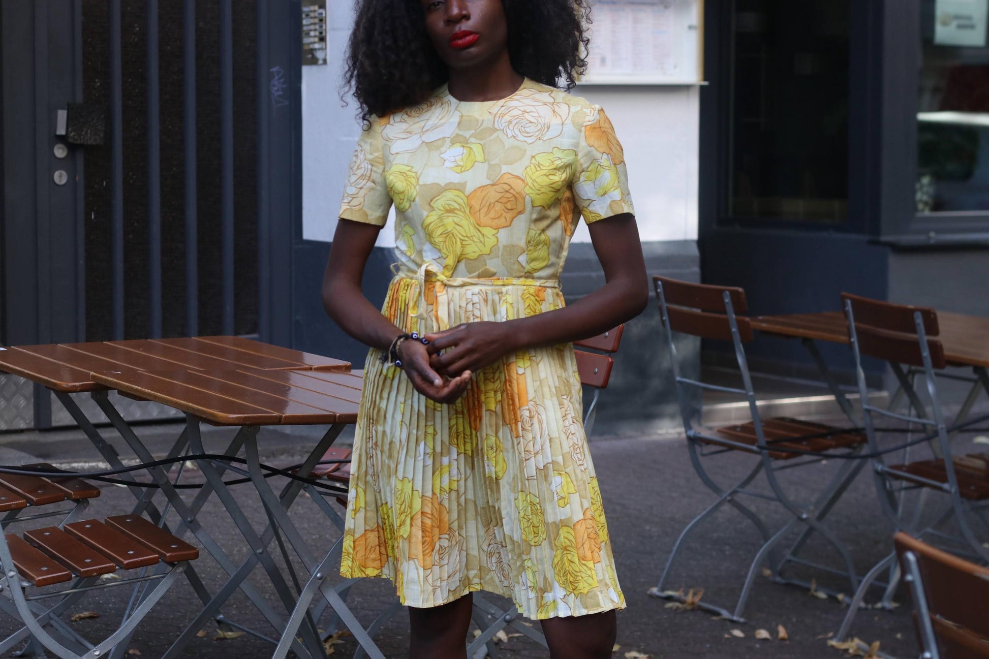 70s Floral Pleated Midi Dress: Vintage Yellow Orange Print Cottagecore