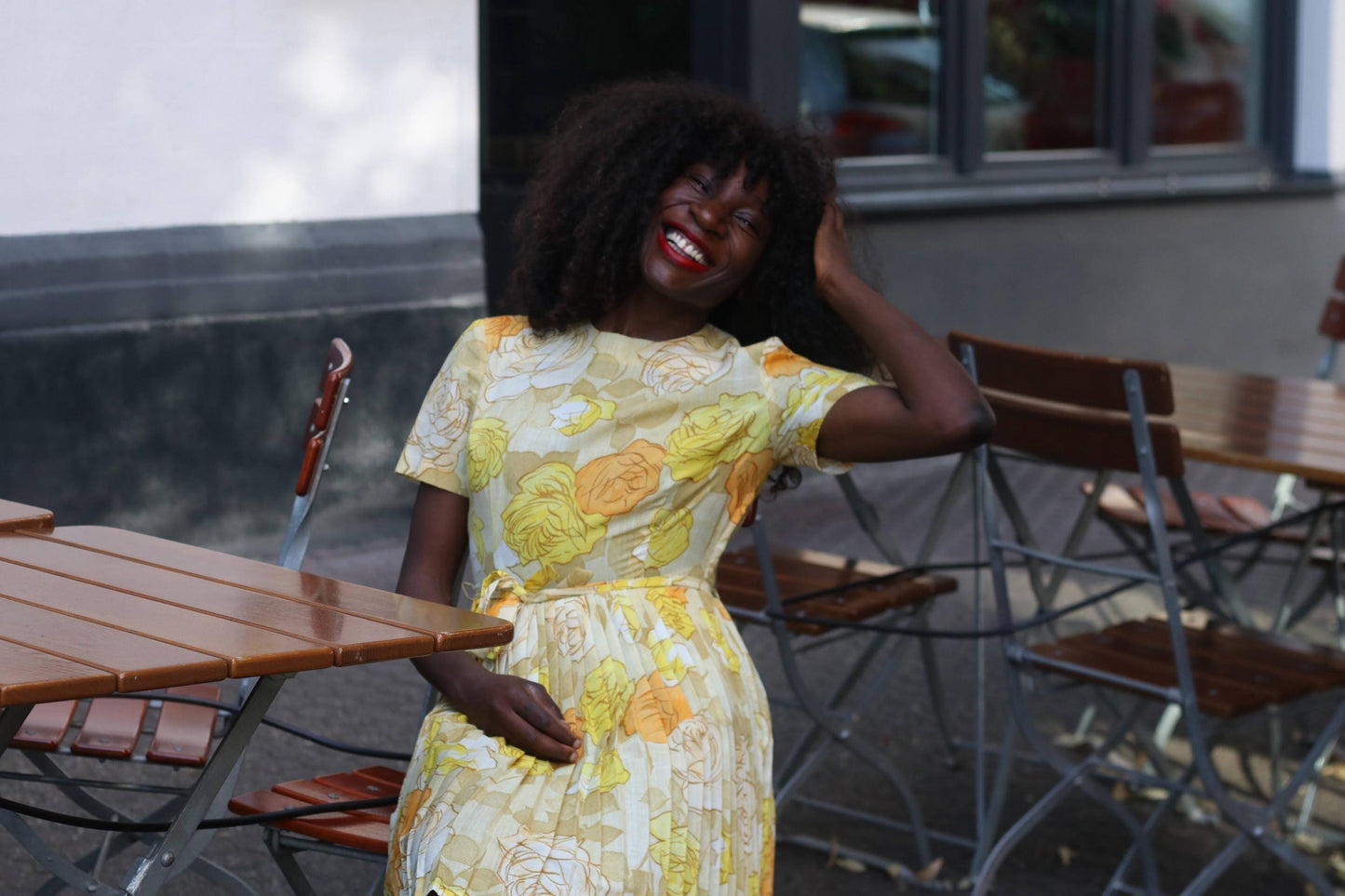 70s Floral Pleated Midi Dress: Vintage Yellow Orange Print Cottagecore