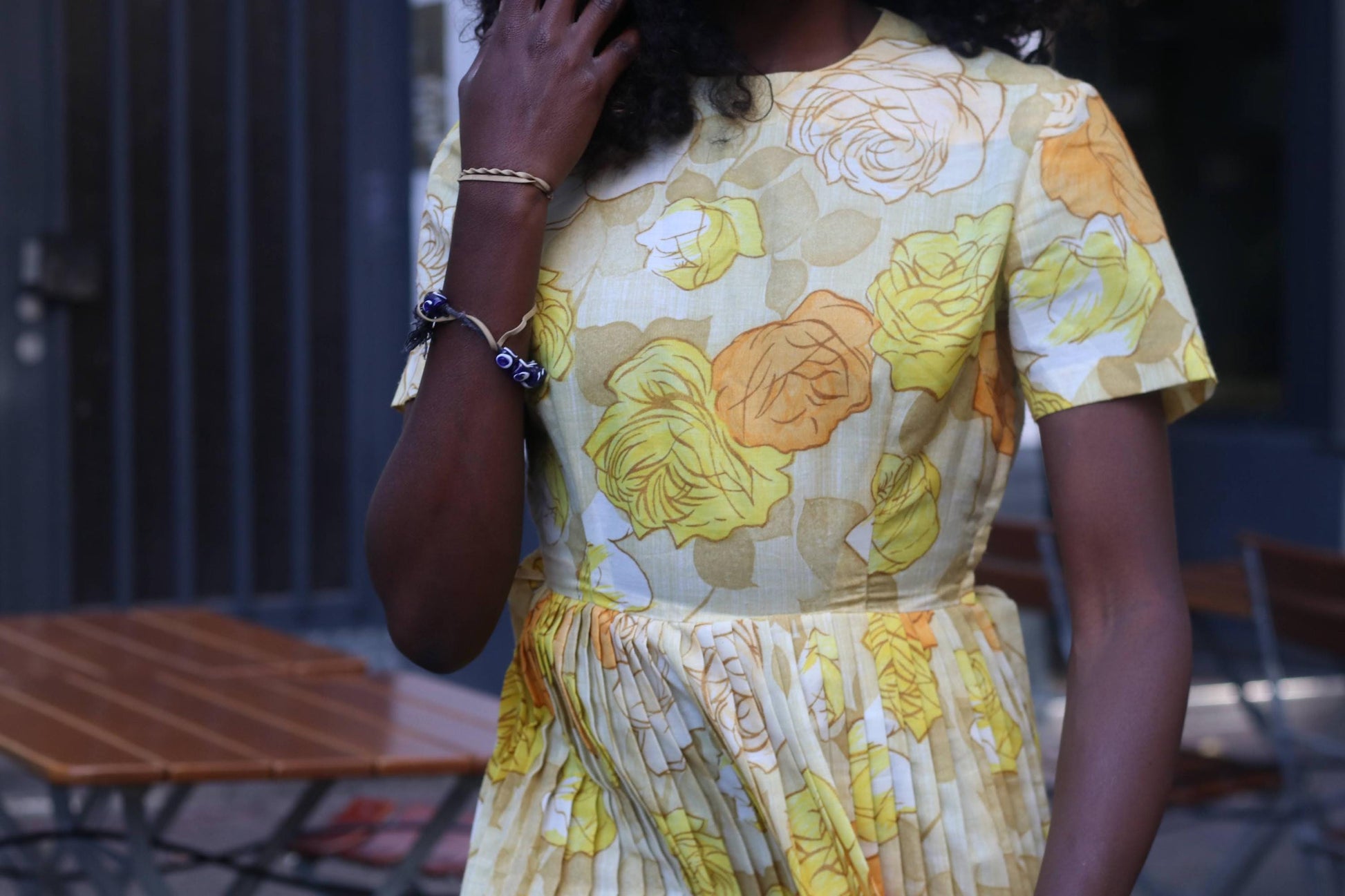 70s Floral Pleated Midi Dress: Vintage Yellow Orange Print Cottagecore