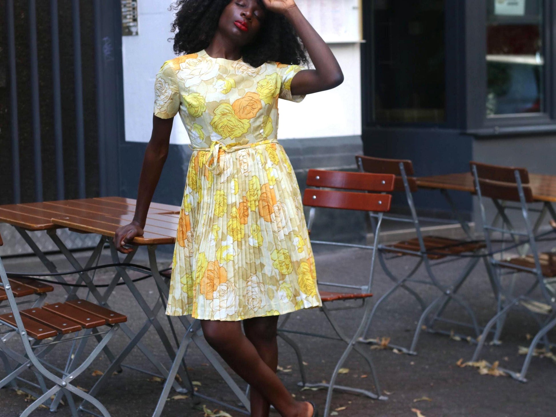 70s Floral Pleated Midi Dress: Vintage Yellow Orange Print Cottagecore