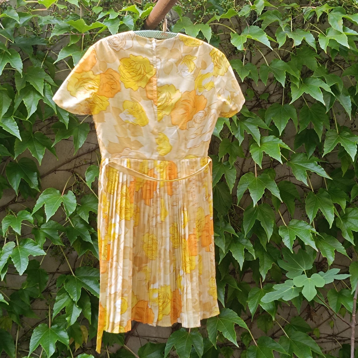 70s Floral Pleated Midi Dress: Vintage Yellow Orange Print Cottagecore