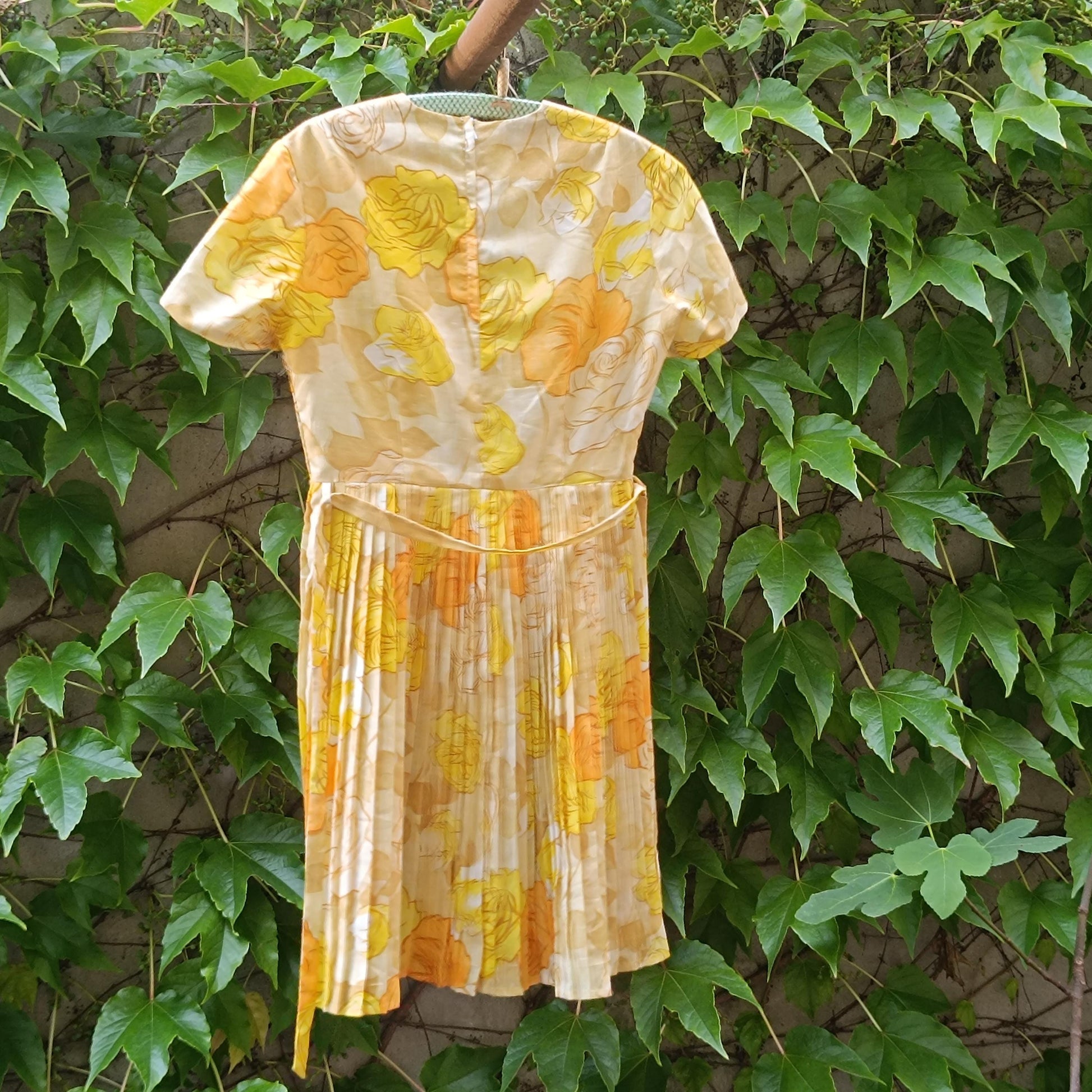 70s Floral Pleated Midi Dress: Vintage Yellow Orange Print Cottagecore