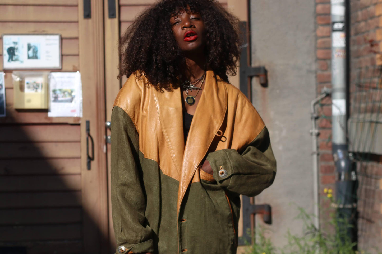 Vintage Leather & Linen Oversized Jacket| Unisex 90s Bomber Style in Tan Olive Green, Statement Outerwear, Retro Streetwear
